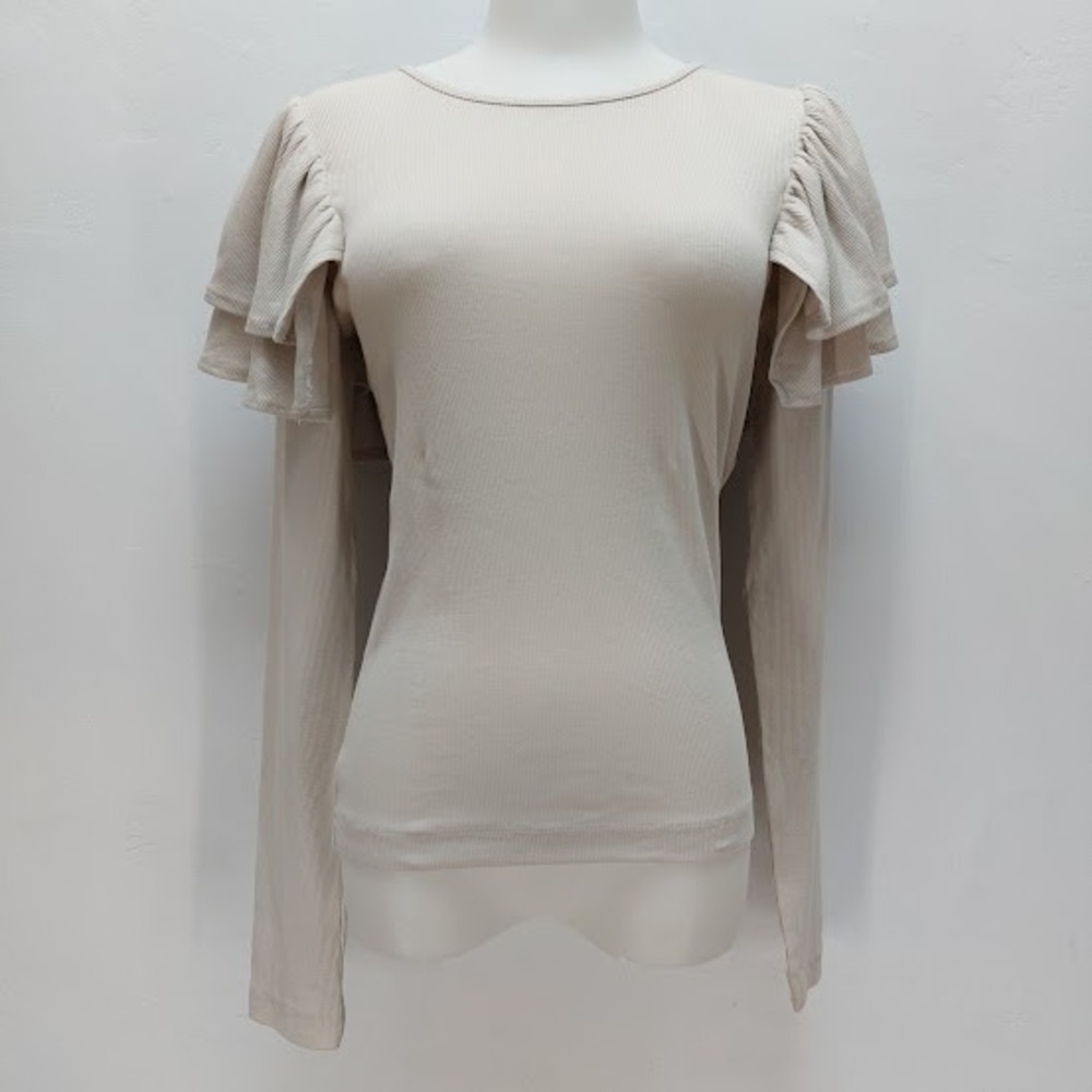 Zara Ruffle Shoulder Top Women's Medium Beige Ribbed Knit Coquette Romantic